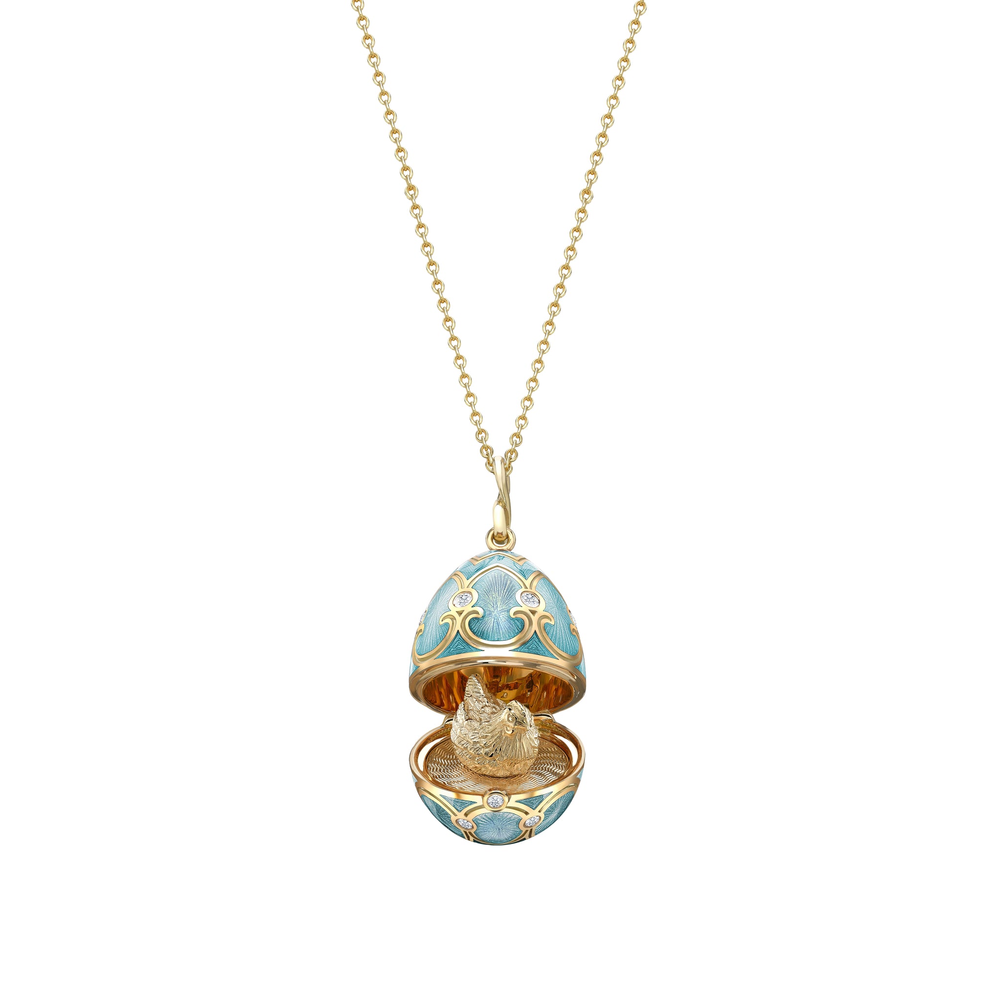 Yellow Gold Diamond & Turquoise Guilloché Enamel Hen Surprise Locket | Fabergé