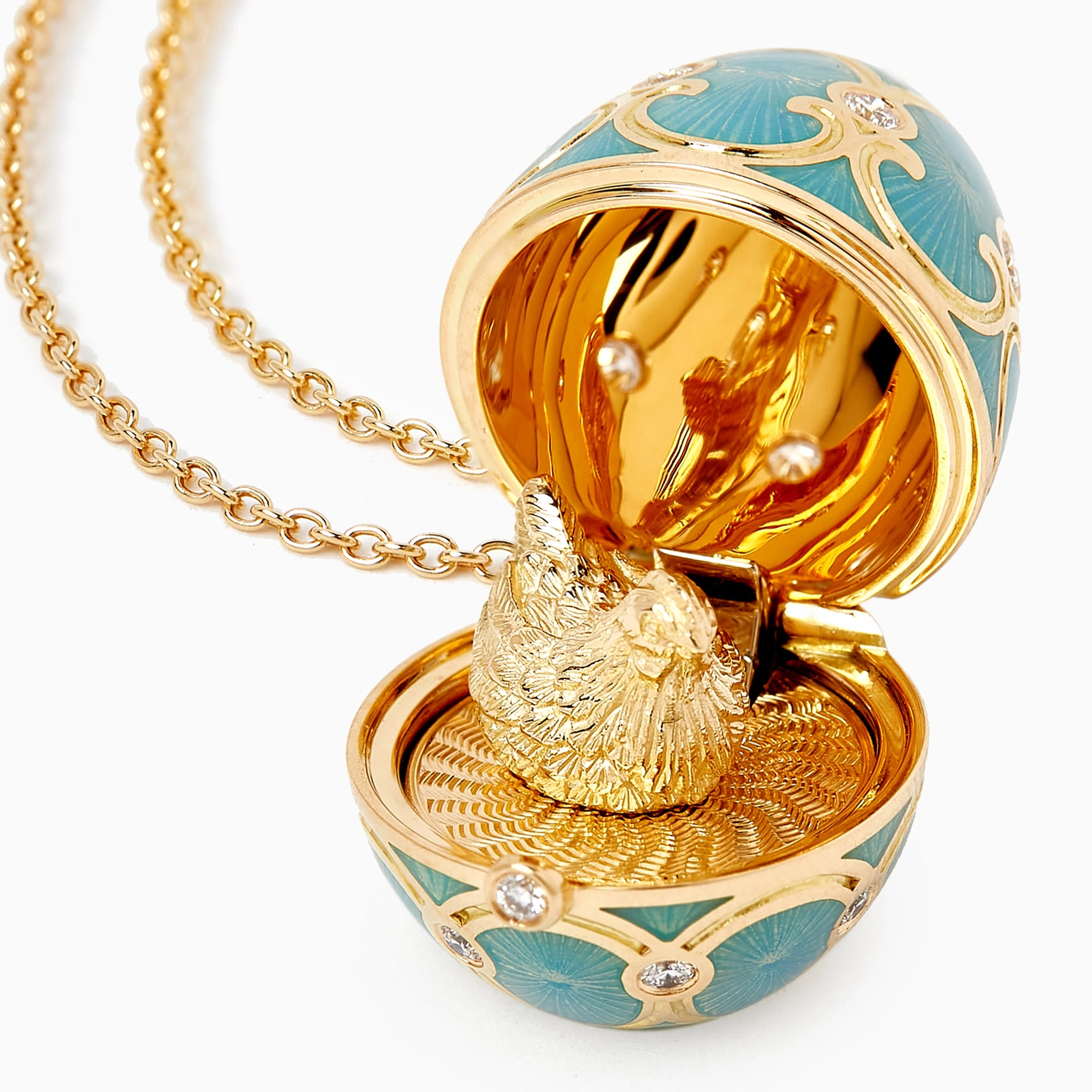 Yellow Gold Diamond & Turquoise Guilloché Enamel Hen Surprise Locket | Fabergé