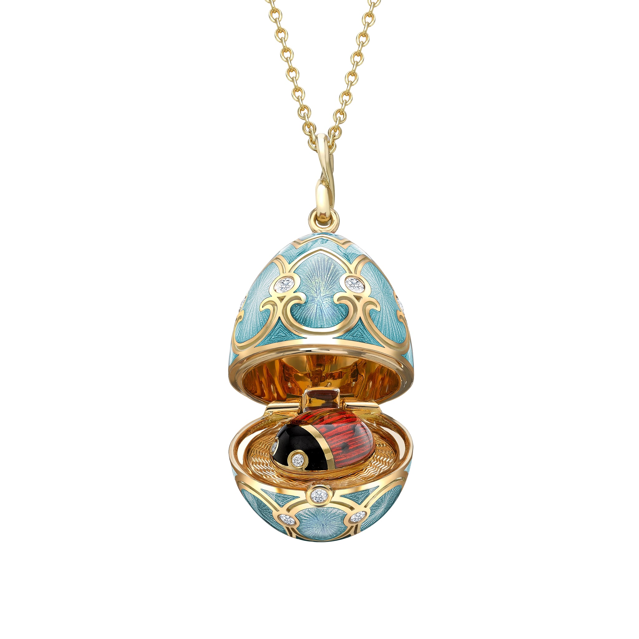 Yellow Gold Diamond & Turquoise Guilloché Enamel Ladybird Surprise Locket | Fabergé