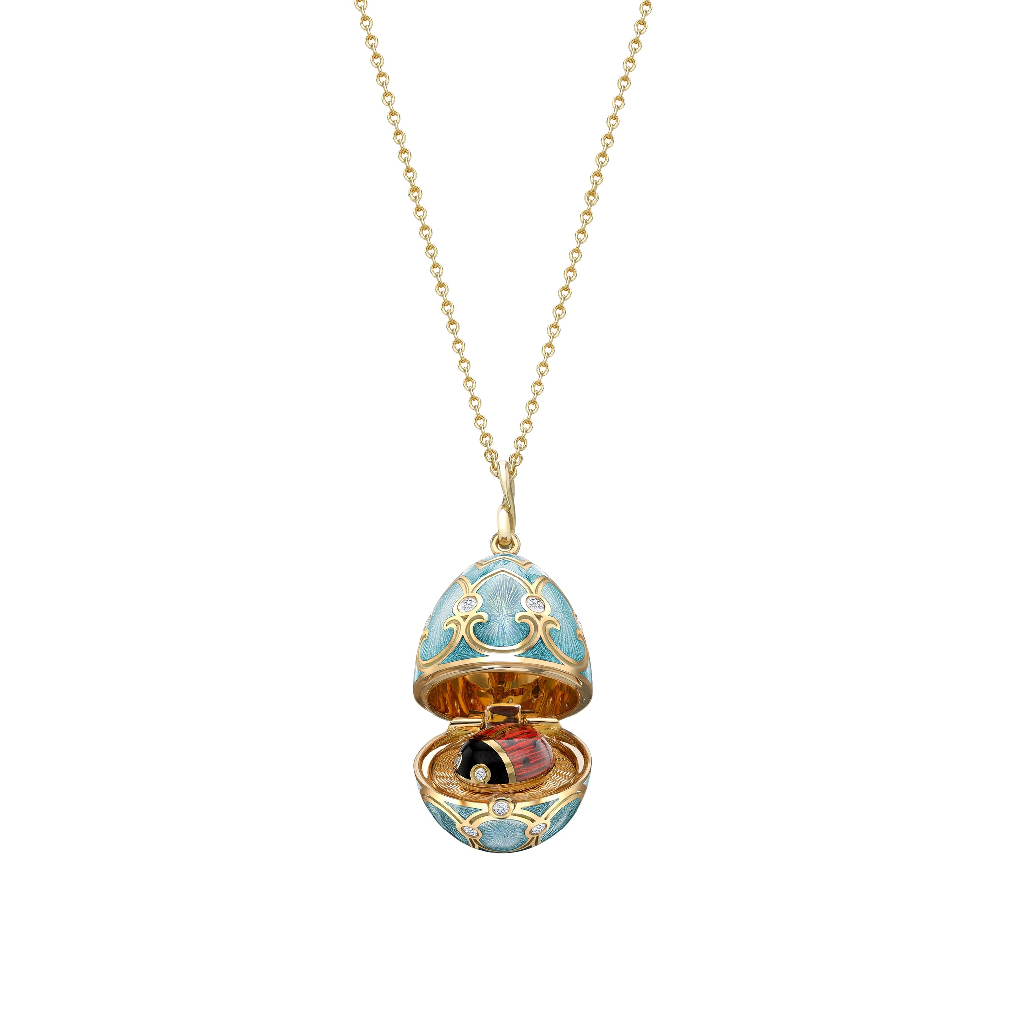 Yellow Gold Diamond & Turquoise Guilloché Enamel Ladybird Surprise Locket | Fabergé