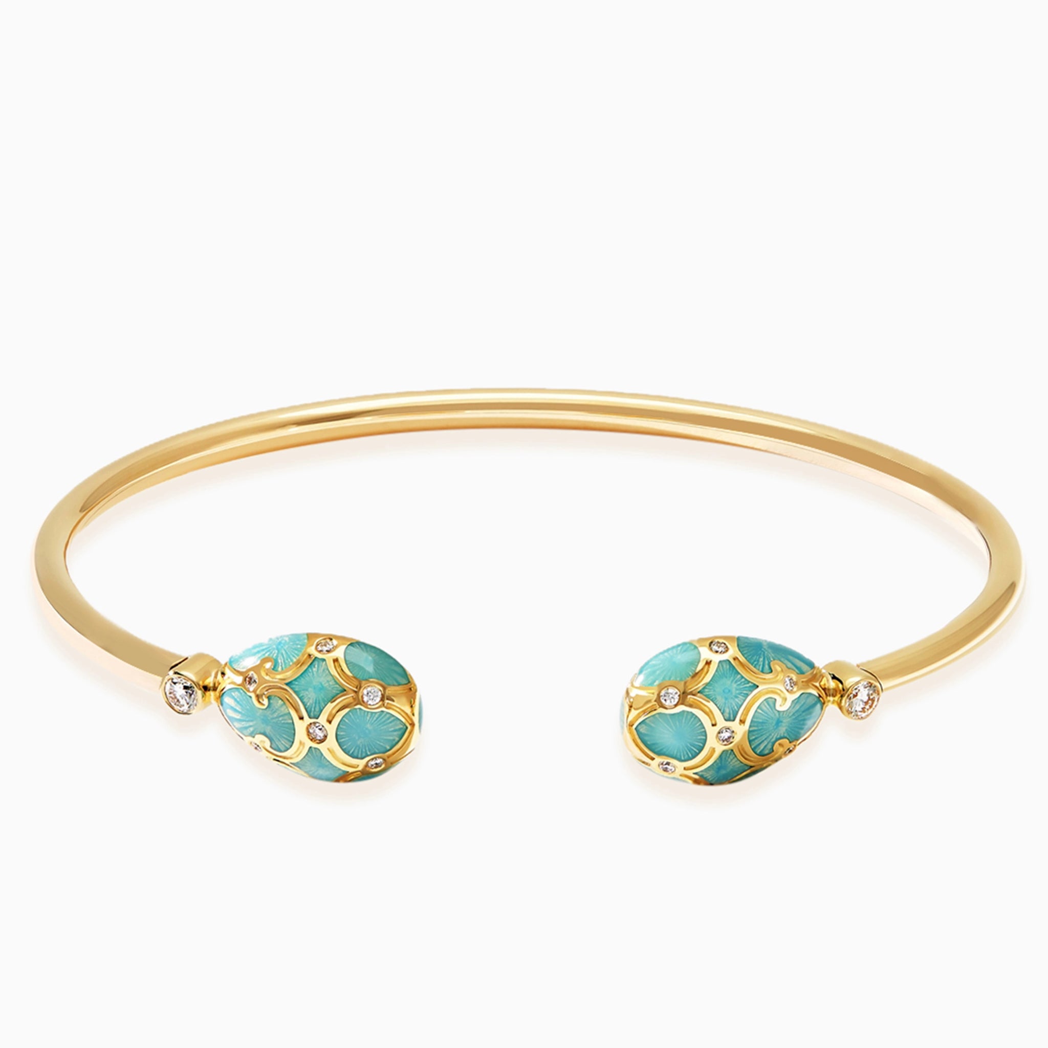 Yellow Gold Diamond & Turquoise Guilloché Enamel Open Bracelet | Fabergé