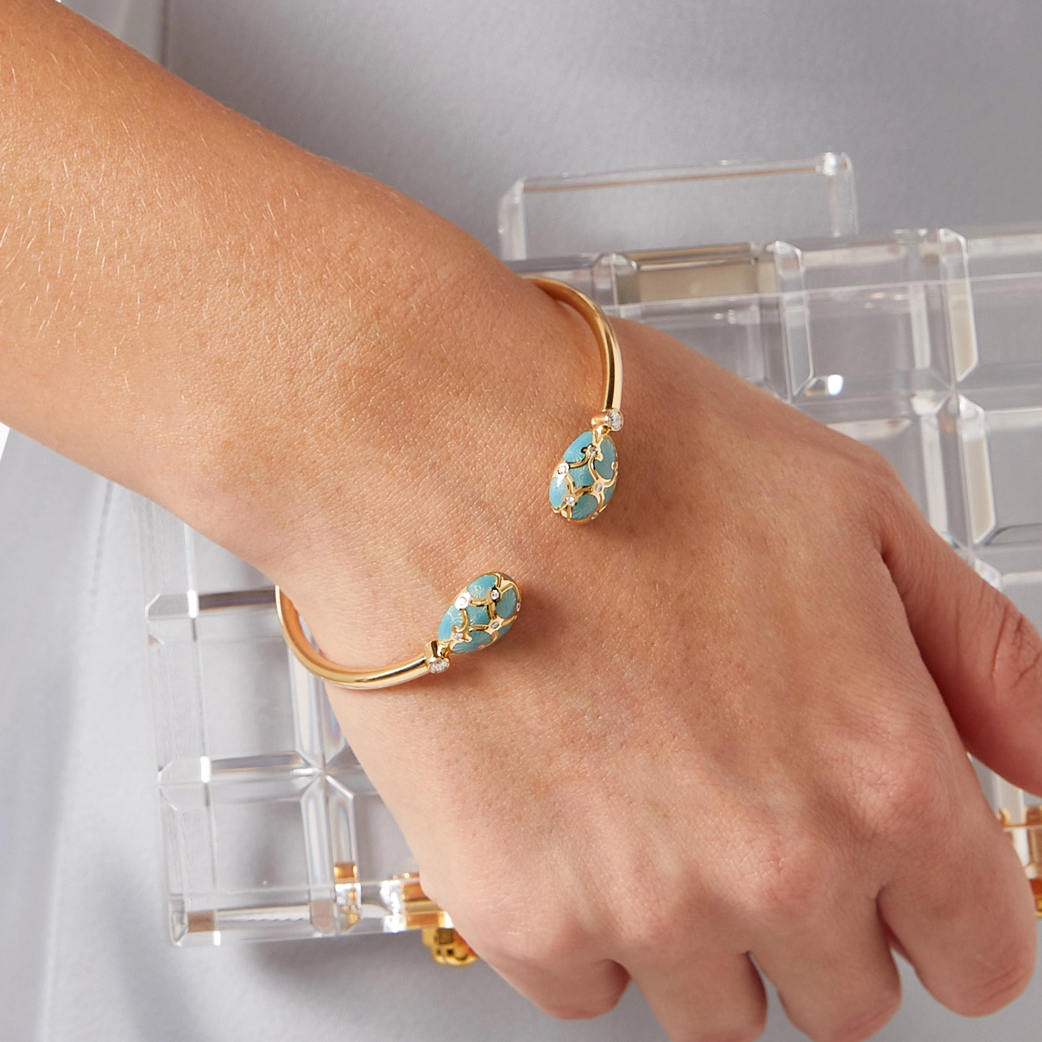 Yellow Gold Diamond & Turquoise Guilloché Enamel Open Bracelet | Fabergé