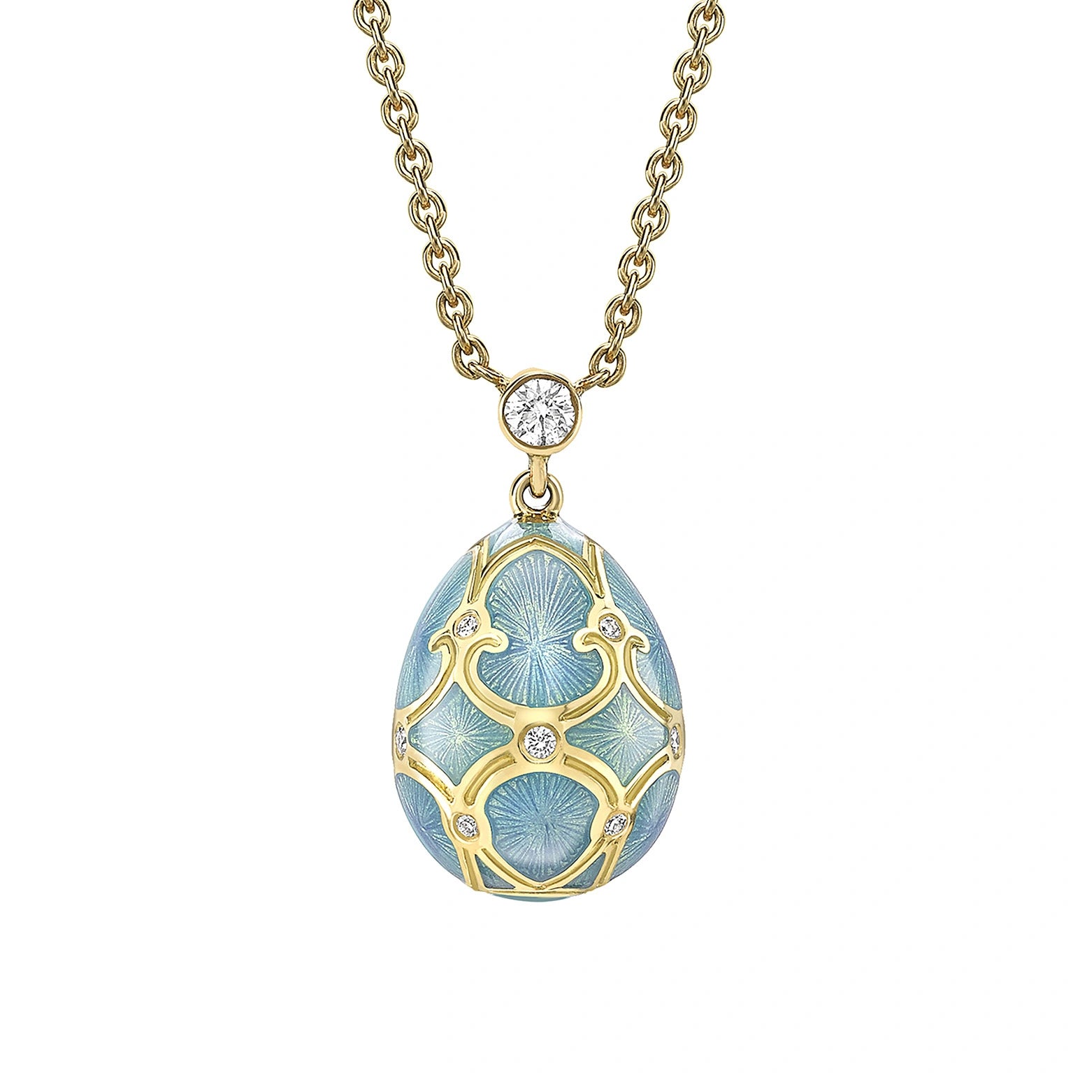 Yellow Gold Diamond & Turquoise Guilloché Enamel Petite Egg Pendant | Fabergé