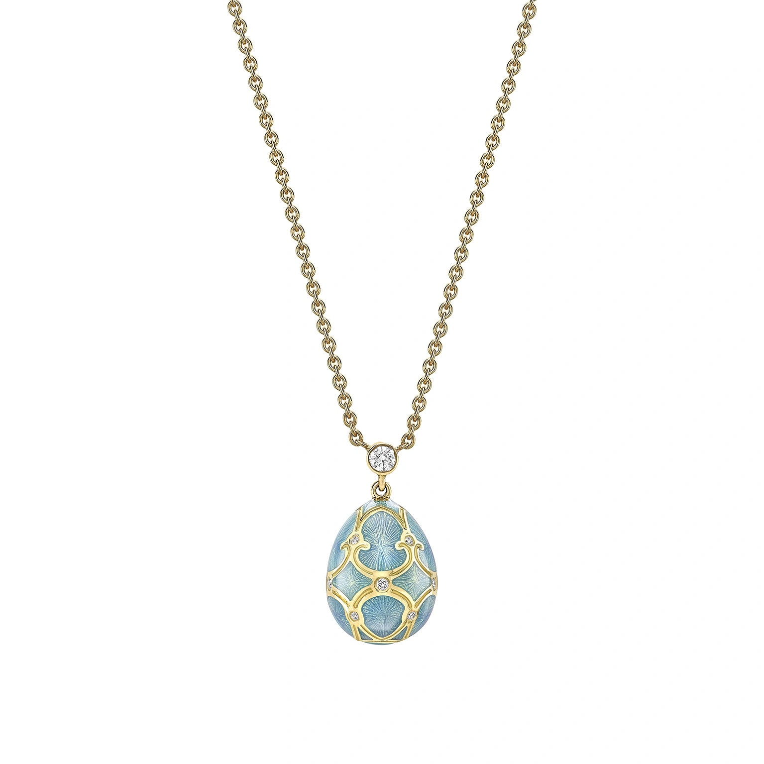 Yellow Gold Diamond & Turquoise Guilloché Enamel Petite Egg Pendant | Fabergé