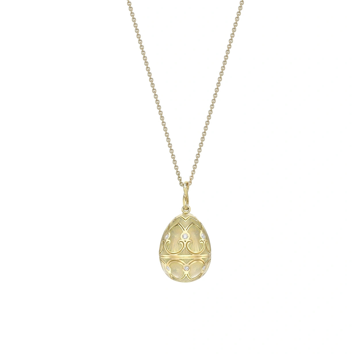 Yellow Gold Diamond & White Guilloché Enamel Egg Pendant | Fabergé