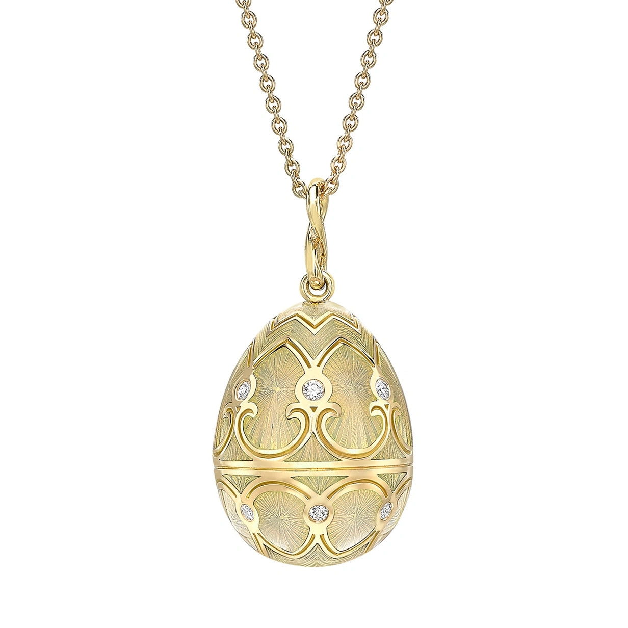 Yellow Gold Diamond & White Guilloché Enamel Egg Pendant | Fabergé