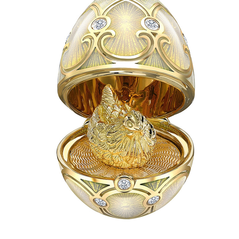 Yellow Gold Diamond & White Guilloché Enamel Hen Surprise Locket | Fabergé
