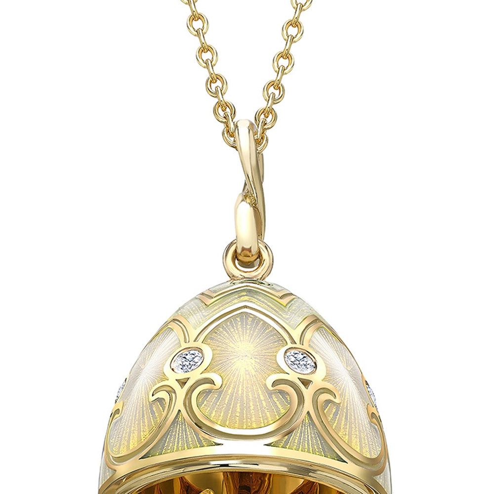 Yellow Gold Diamond & White Guilloché Enamel Hen Surprise Locket | Fabergé