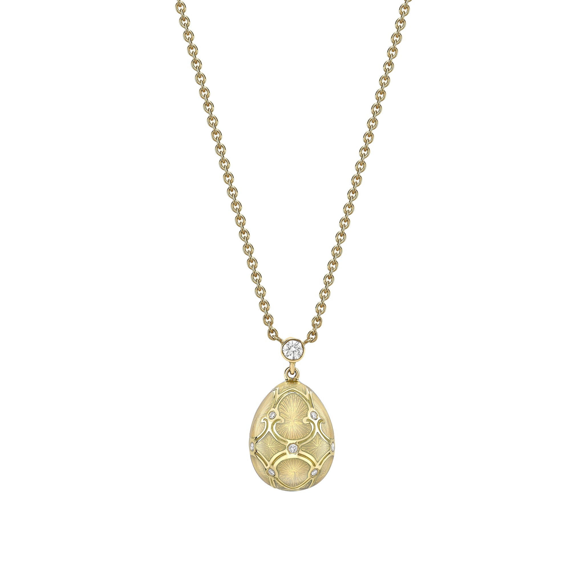 Yellow Gold Diamond & White Guilloché Enamel Petite Egg Pendant | Fabergé