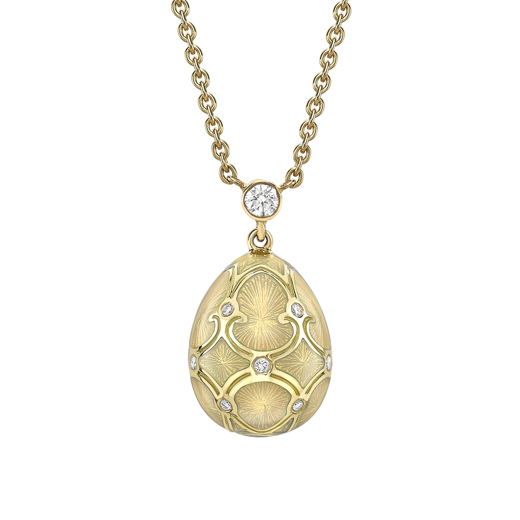 Yellow Gold Diamond & White Guilloché Enamel Petite Egg Pendant | Fabergé