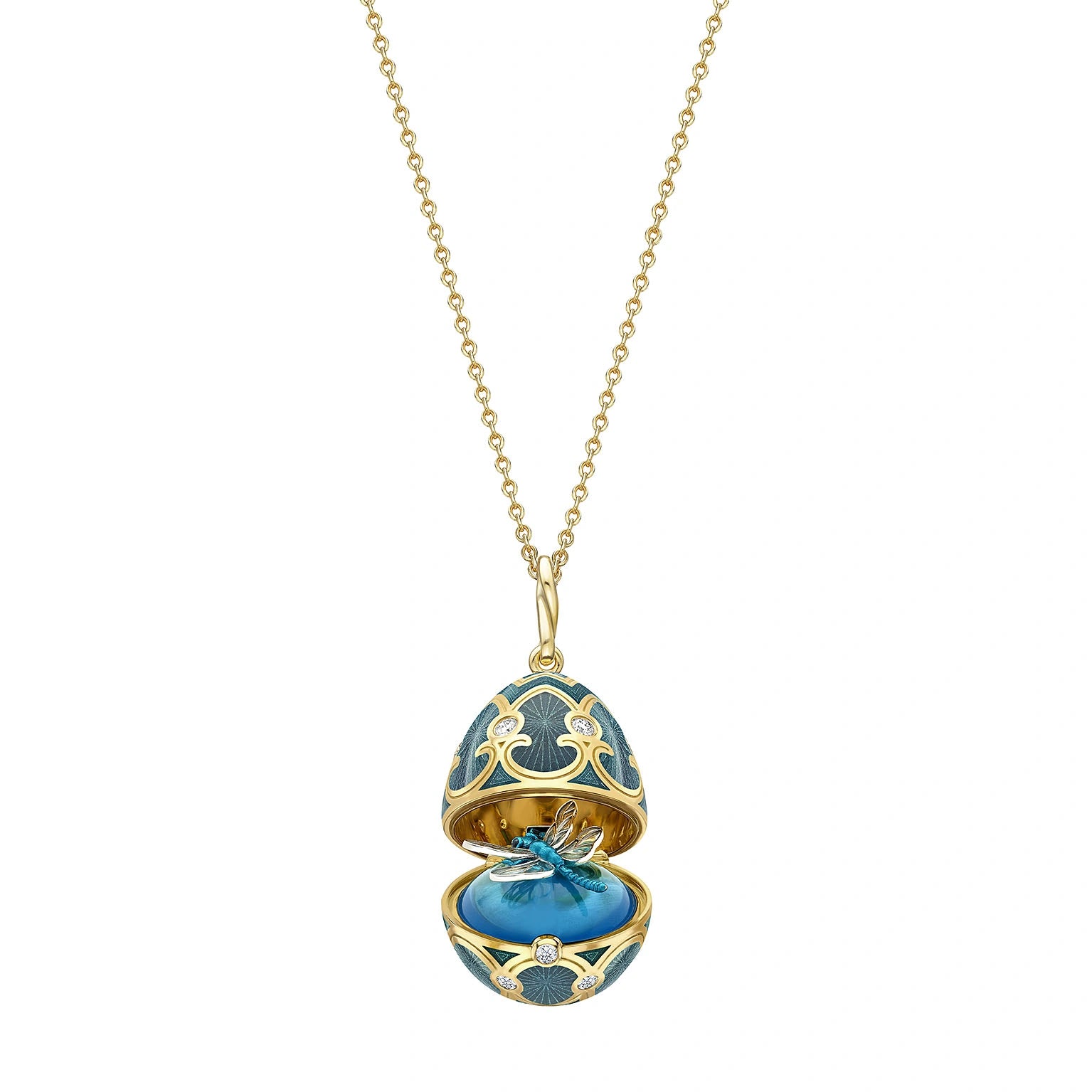 Heritage Yellow & White Gold Diamond & Blue Guilloché Enamel Dragonfly Surprise Locket
