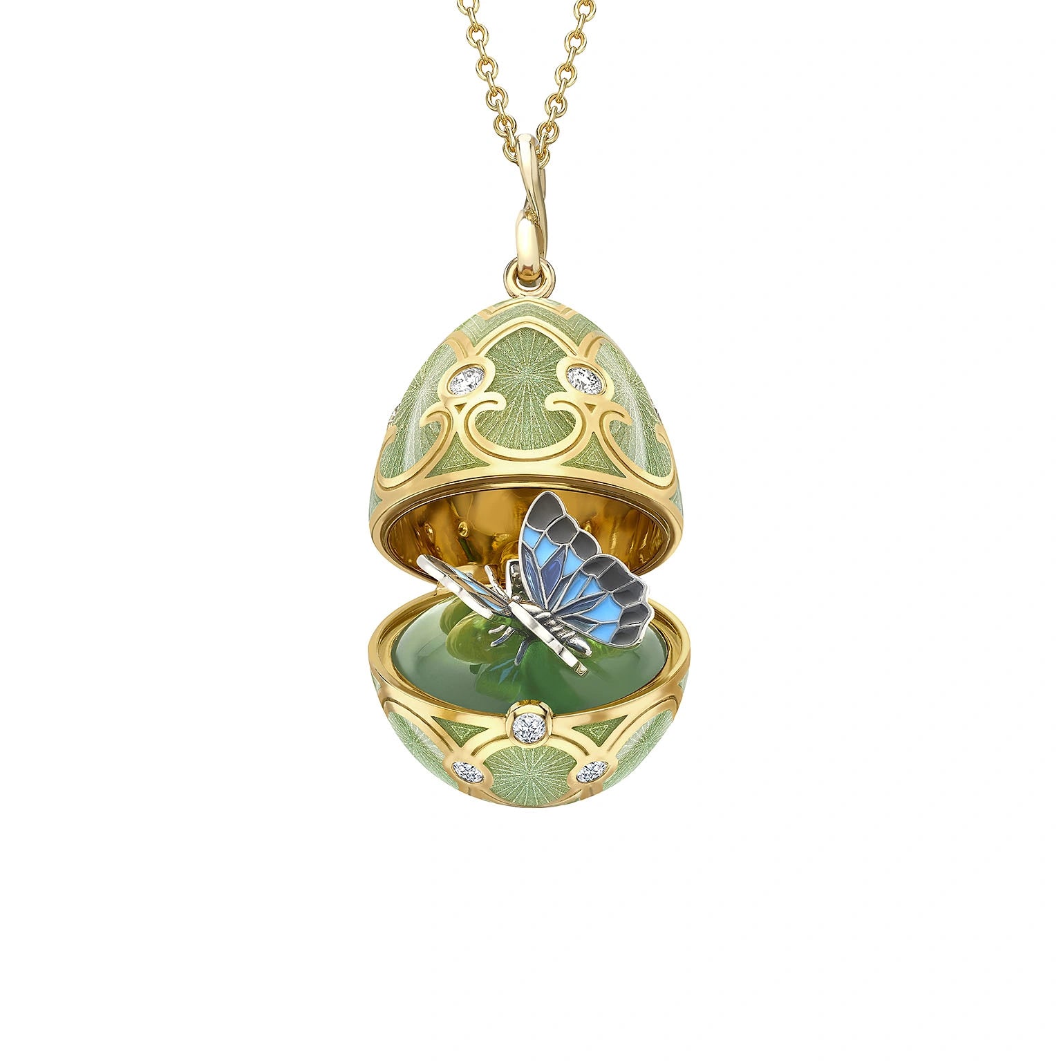 Heritage Yellow & White Gold Diamond & Green Guilloché Enamel Butterfly Surprise Locket