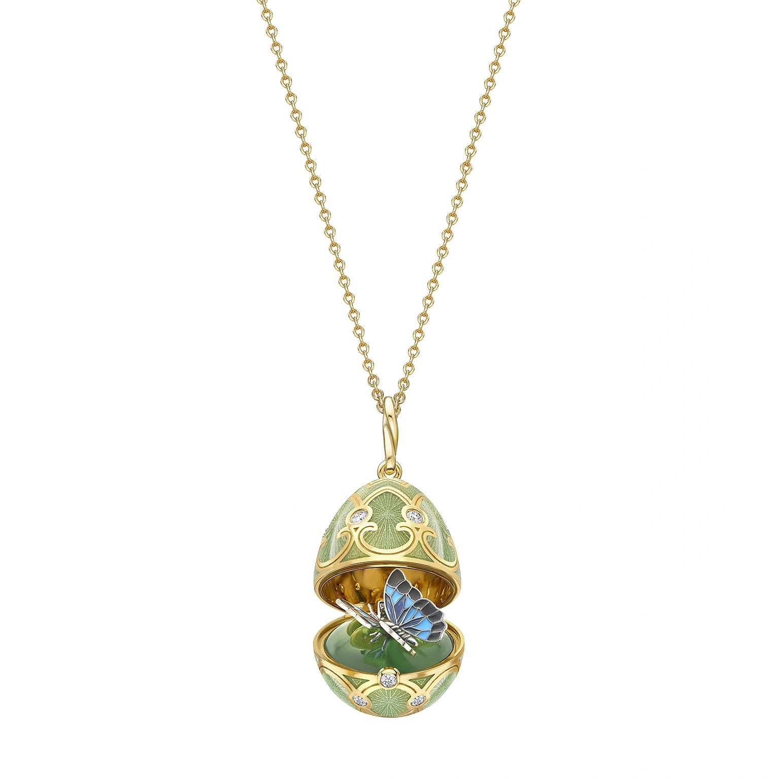 Heritage Yellow & White Gold Diamond & Green Guilloché Enamel Butterfly Surprise Locket