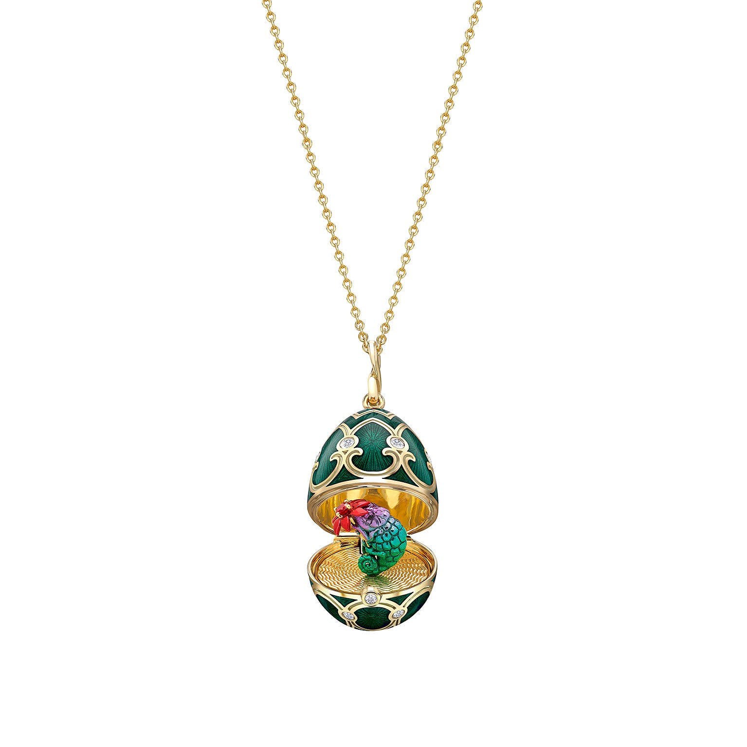 Heritage Yellow & White Gold Diamond & Green Guilloché Enamel Chameleon Surprise Locket