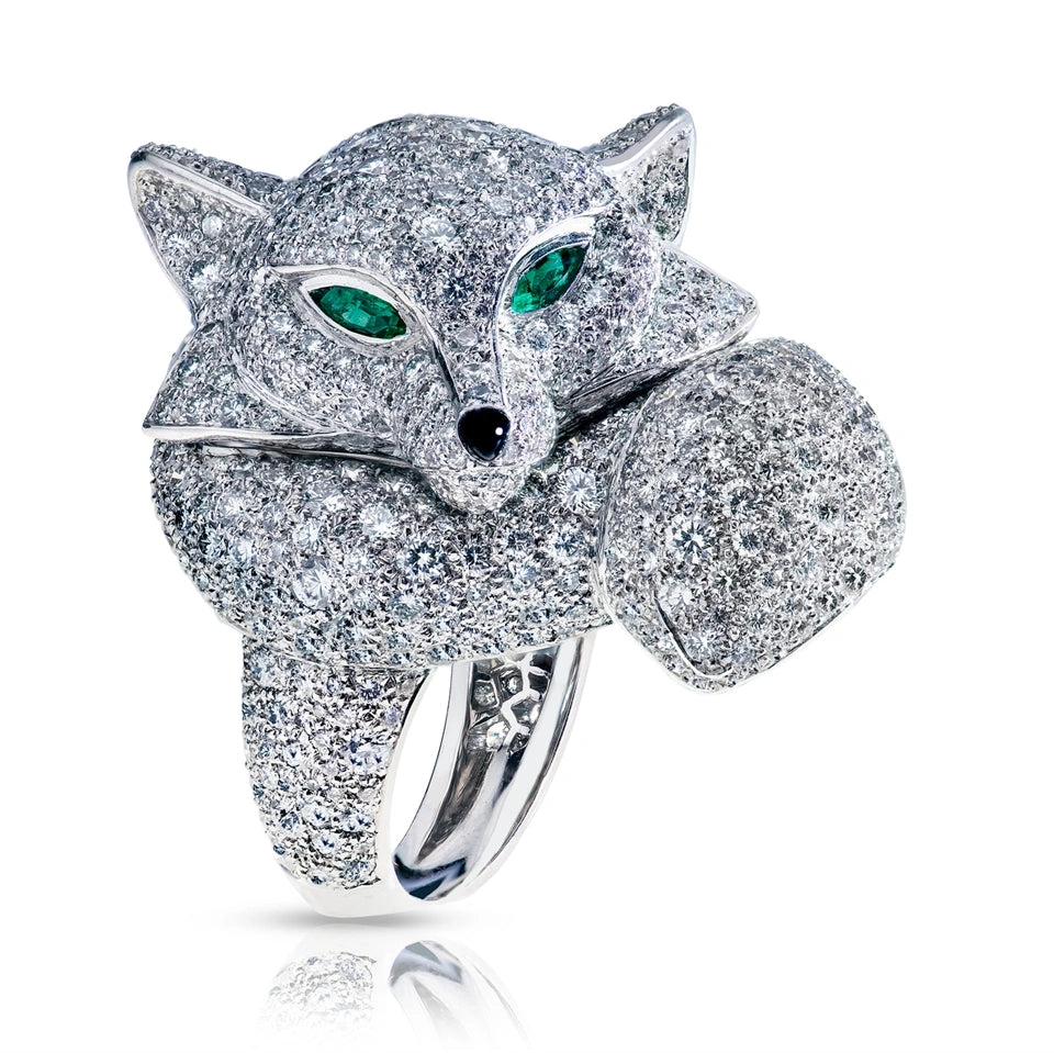 White Gold Diamond & Emerald Fox Ring | Fabergé