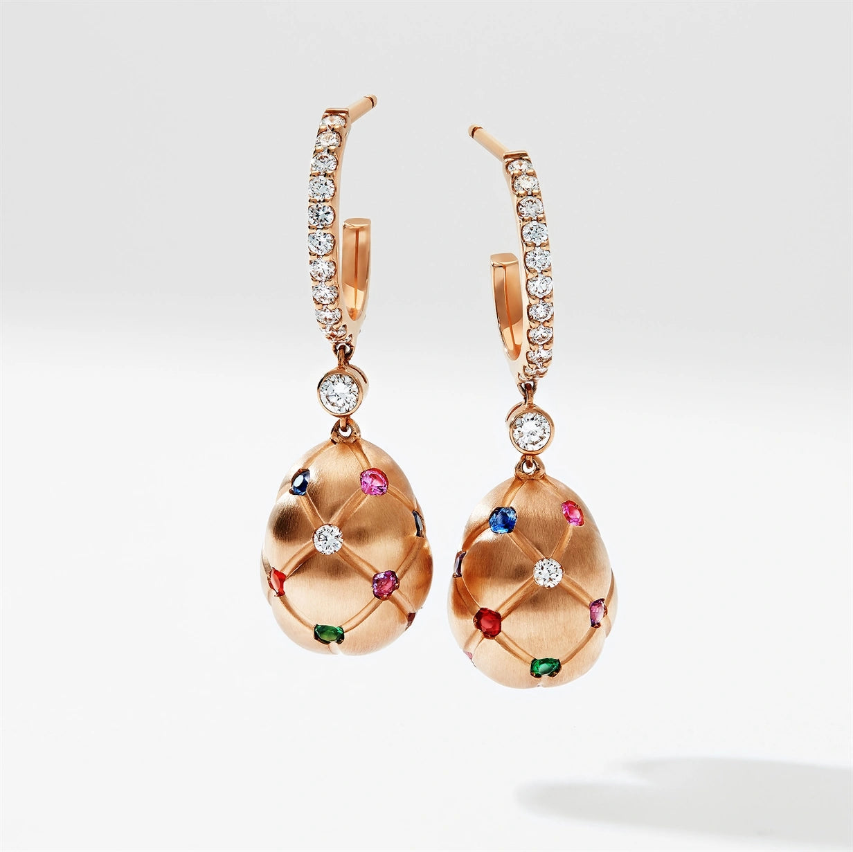 Brushed Rose Gold Diamond & Multicoloured Gemstone Egg Drop Earrings | Fabergé