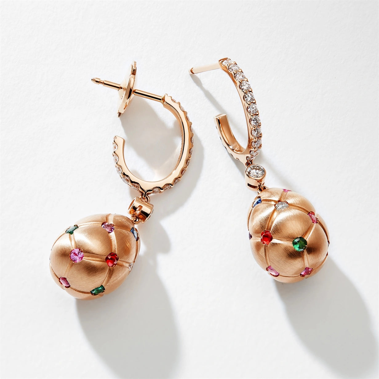 Brushed Rose Gold Diamond & Multicoloured Gemstone Egg Drop Earrings | Fabergé