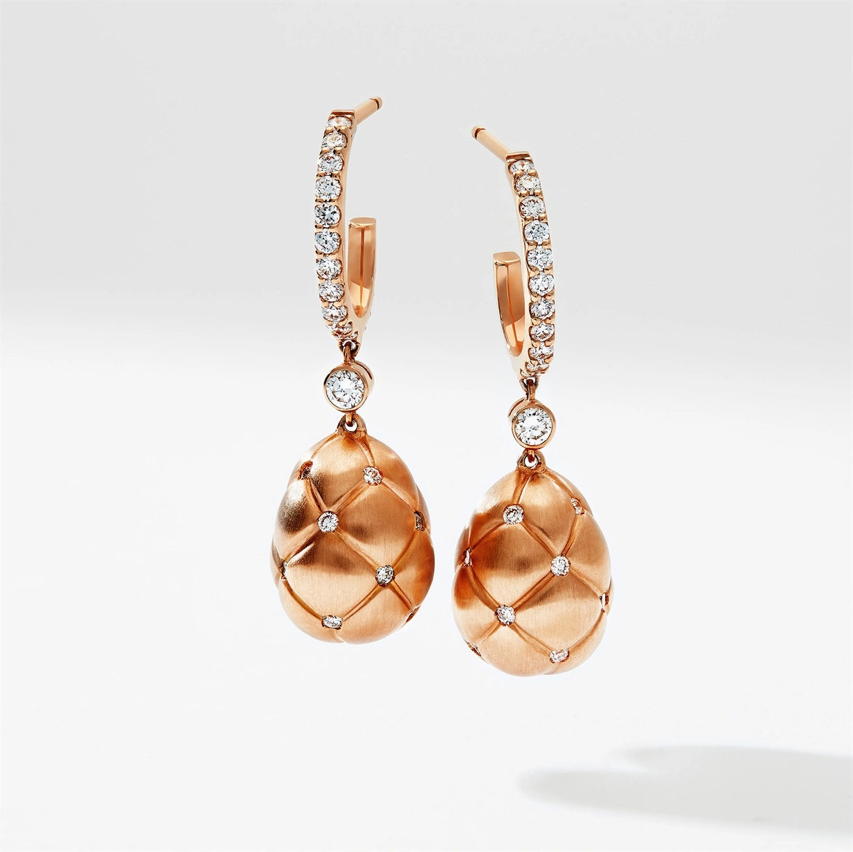 Brushed Rose Gold & Diamond Set Egg Drop Earrings | Fabergé