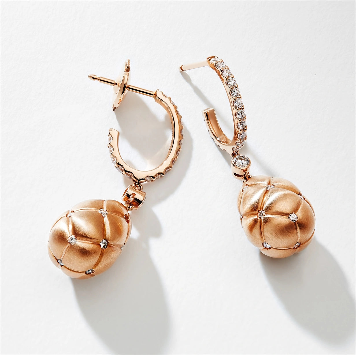 Brushed Rose Gold & Diamond Set Egg Drop Earrings | Fabergé