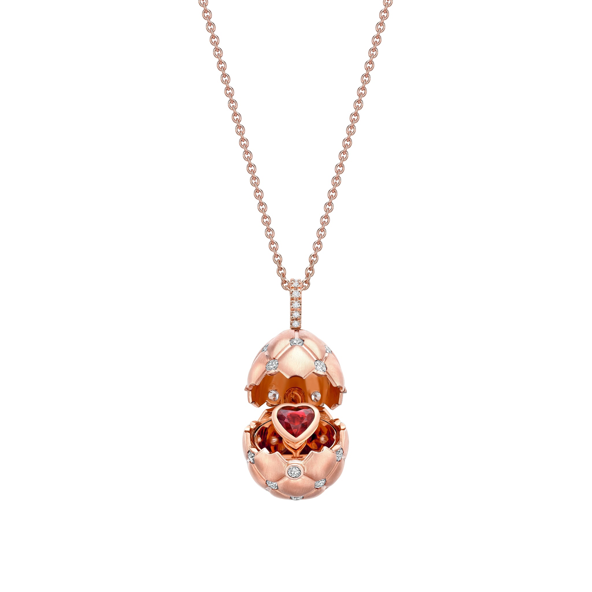 Brushed Rose Gold & Diamond Set Ruby Heart Surprise Locket | Fabergé