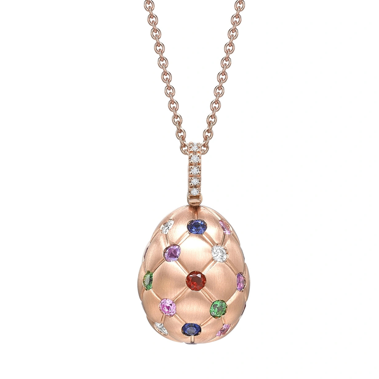 Brushed Rose Gold & Multicoloured Gemstone Set Egg Pendant I Fabergé