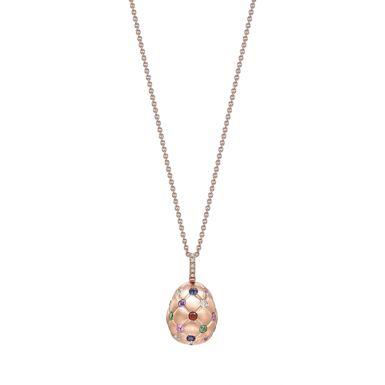 Brushed Rose Gold & Multicoloured Gemstone Set Egg Pendant I Fabergé
