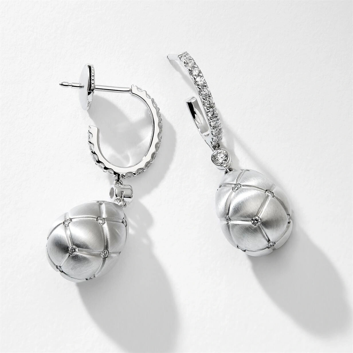 Brushed White Gold & Diamond Set Egg Drop Earrings | Fabergé