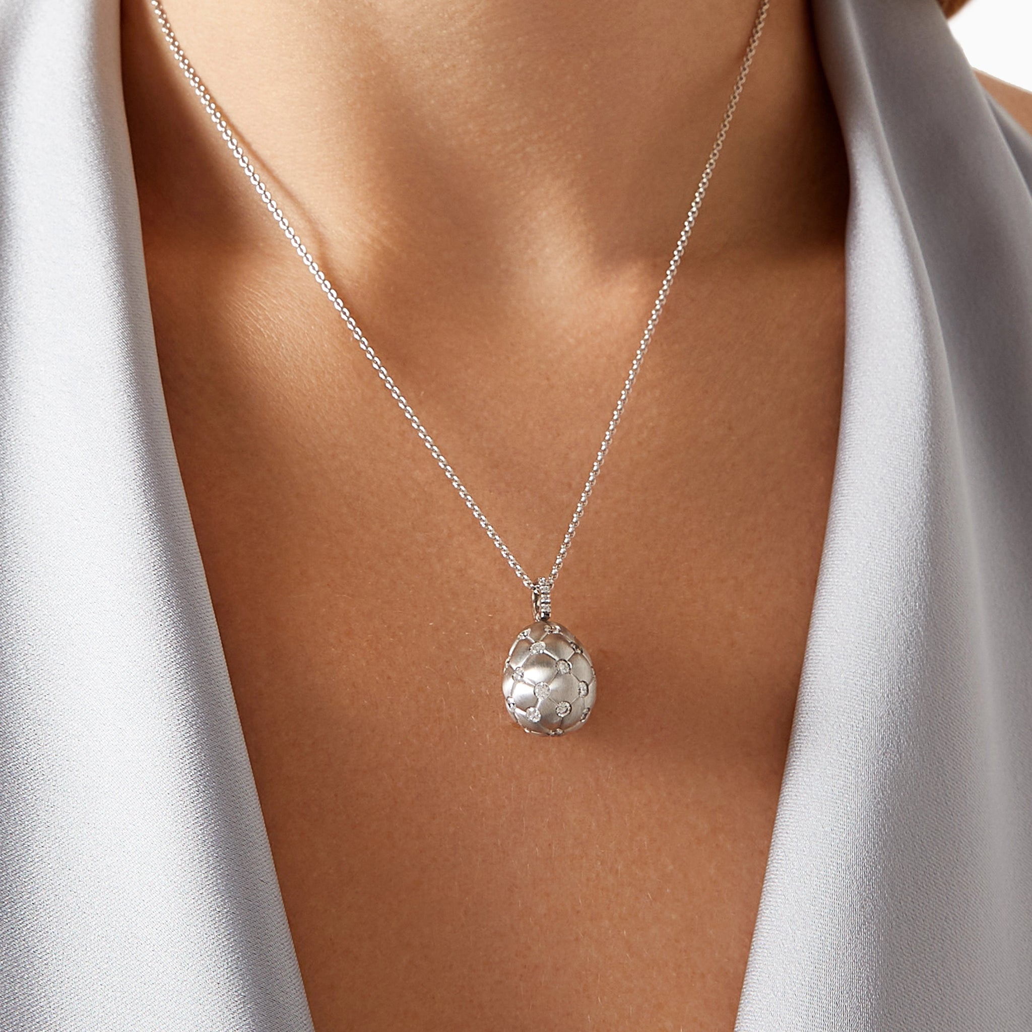 Treillage Brushed White Gold & Diamond Set Egg Pendant