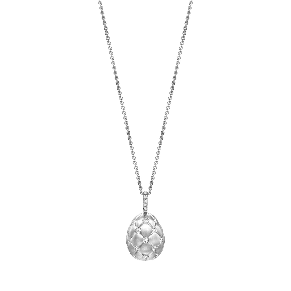 Treillage Brushed White Gold & Diamond Set Egg Pendant