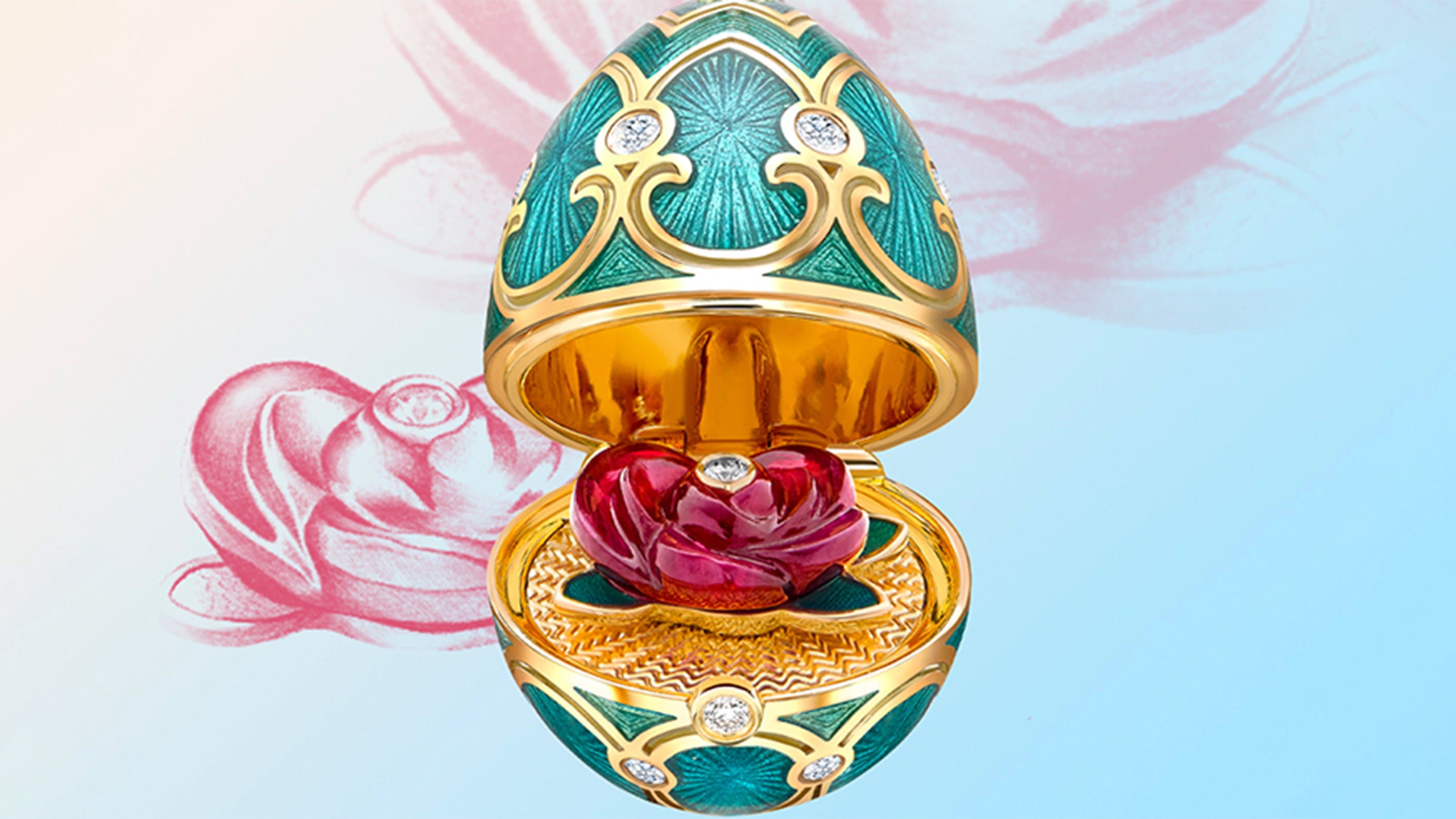 Celebrating-Valentine’s-Day-Fabergé-Heritage-Limited-Edition-Yellow-Gold-Locket-with-Teal-Enamel-&-Carved-Ruby-Rose-Surprise