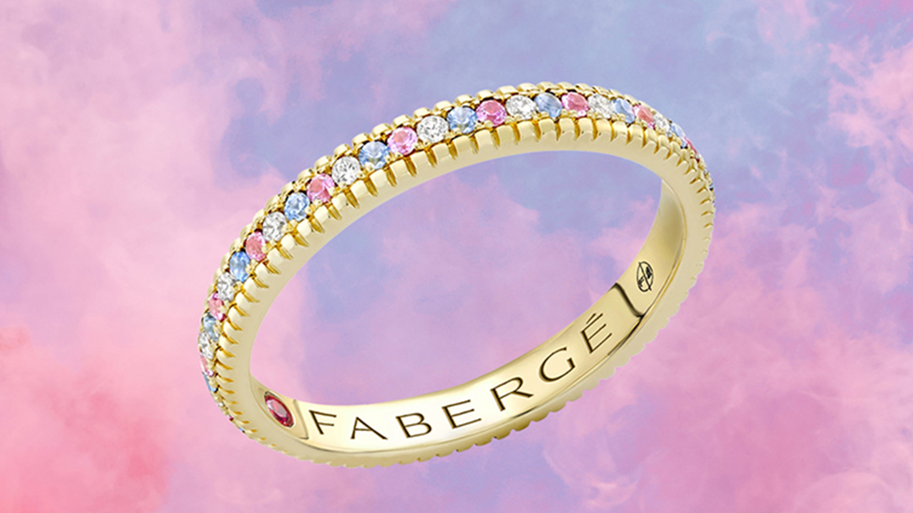 Fabergé-Celebrates-Pride-Month-2022-Colours-of-Love-Yellow-Gold-Diamond-and-Sapphire-Trans-Flag-Fluted-Eternity-Ring