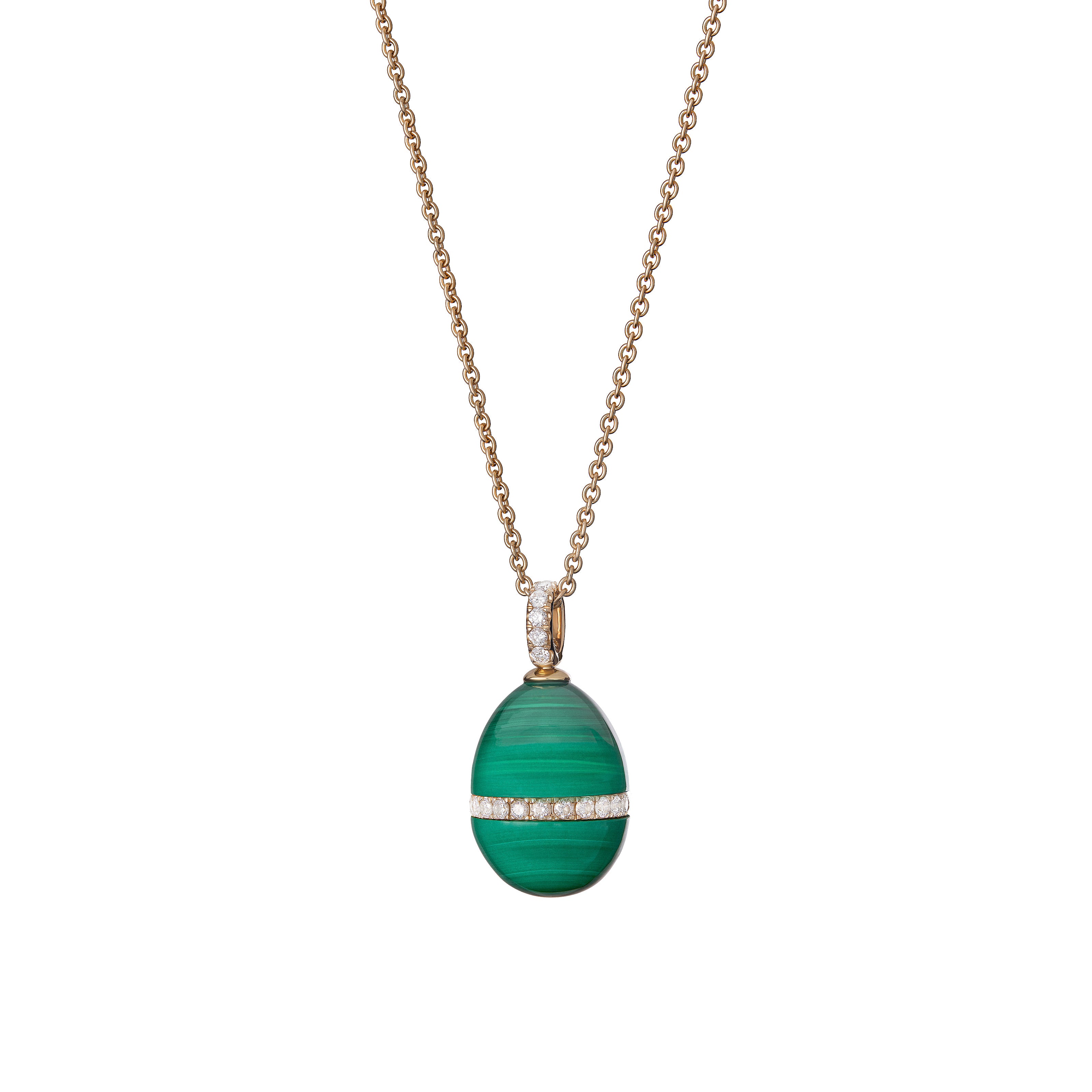 Fabergé Heritage Stoneflower Forever Malachite Egg Pendant in 18 karat yellow gold featuring natural malachite and pavé diamonds, inspired by the Maison’s iconic Imperial Egg designs.