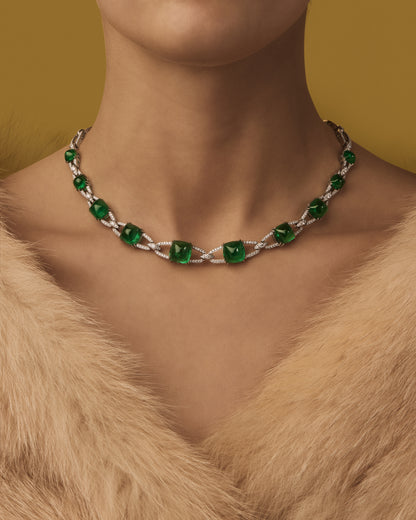 Colours of Love Empress White Gold 54.23ct Sugarloaf Emerald & Diamond Necklace