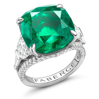 Platinum 13.69ct Cushion Cut Emerald Ring Set With Diamonds | Fabergé