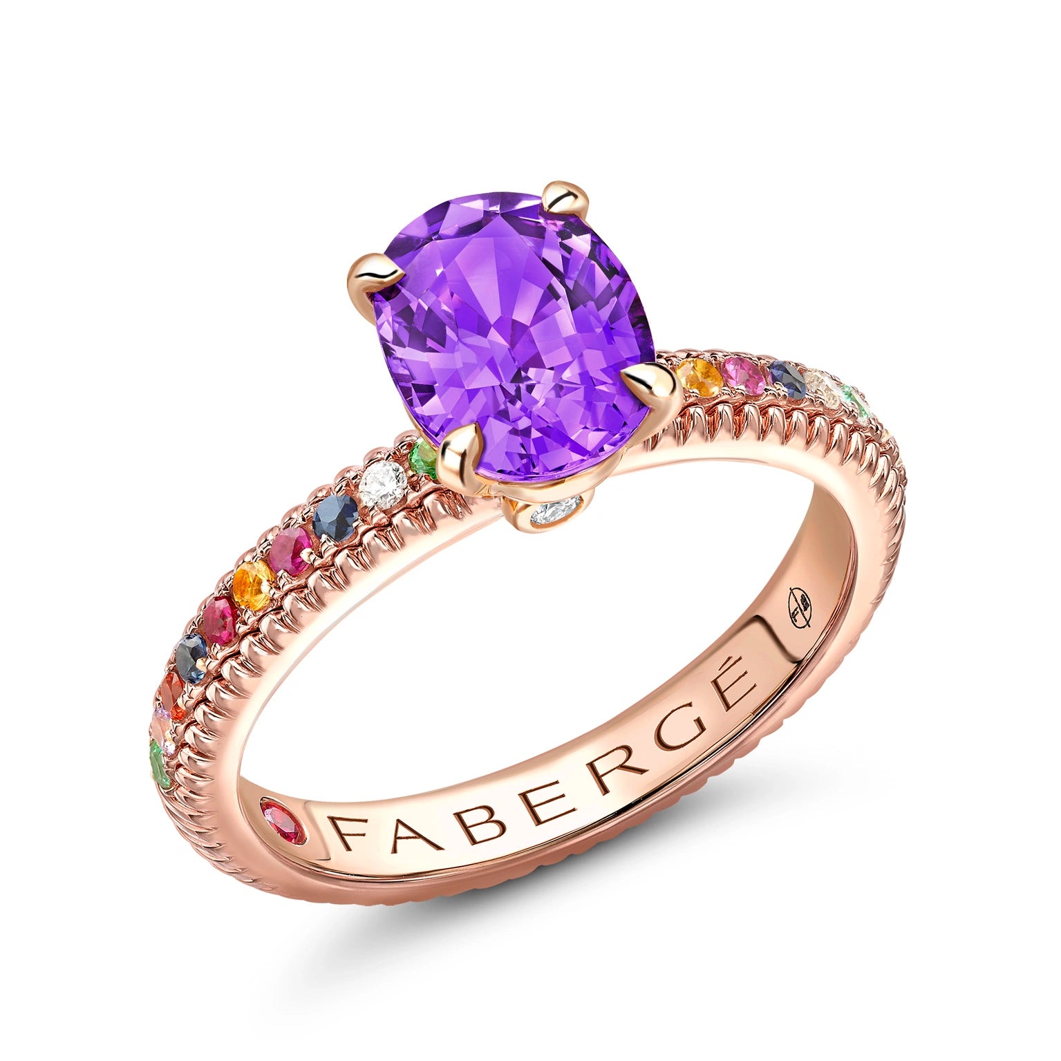 Colours of Love Rose Gold Oval Purple Sapphire Fluted Ring with Multicoloured Gemstone Shoulders Faberge FABERGE