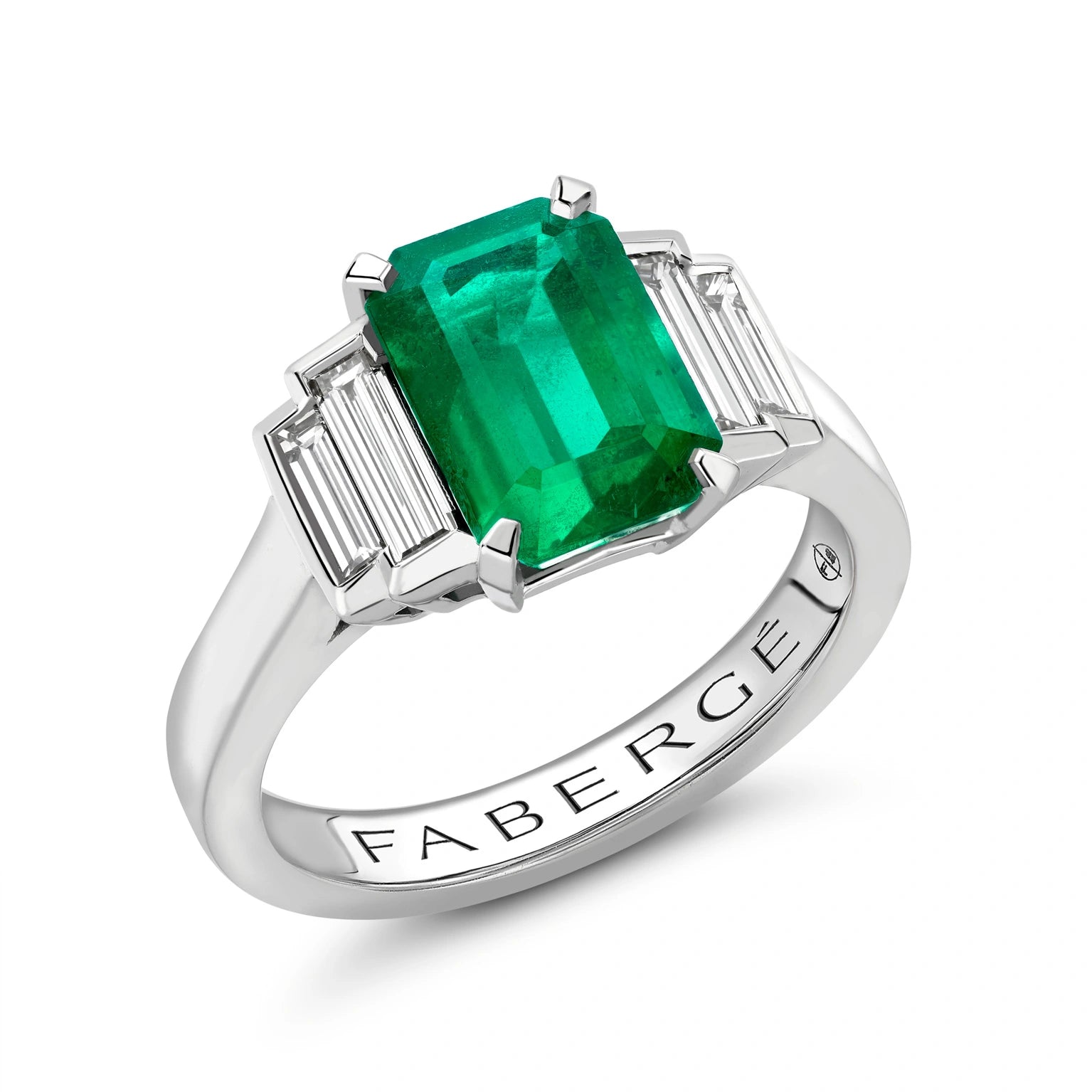 White Gold Emerald Cut Emerald Baguette Step Down Ring Fabergé