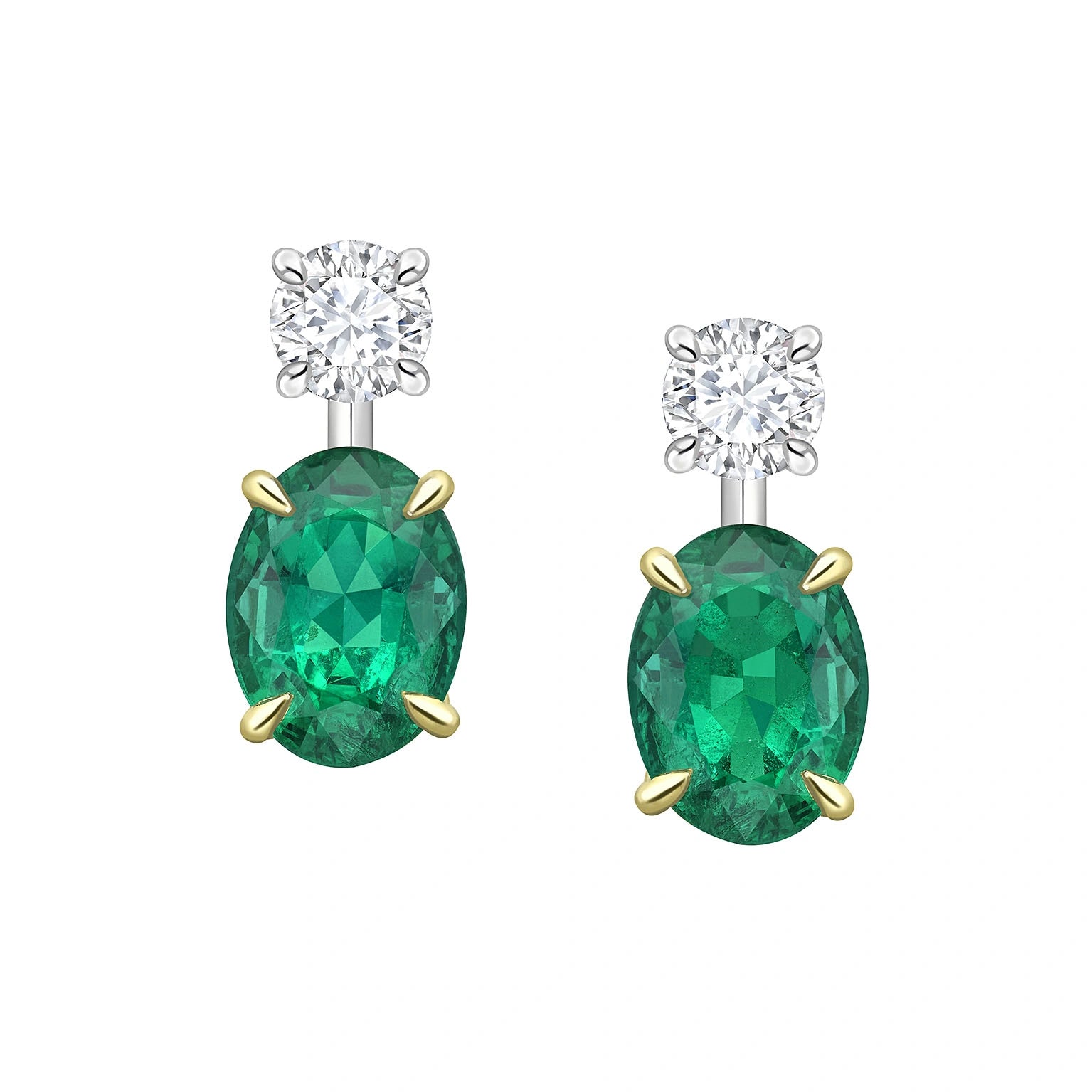 Yellow and White Gold Oval Emerald and Round Brilliant Cut Diamond