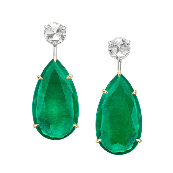 Yellow and White Gold Pear Shaped Emerald and Diamond Drop