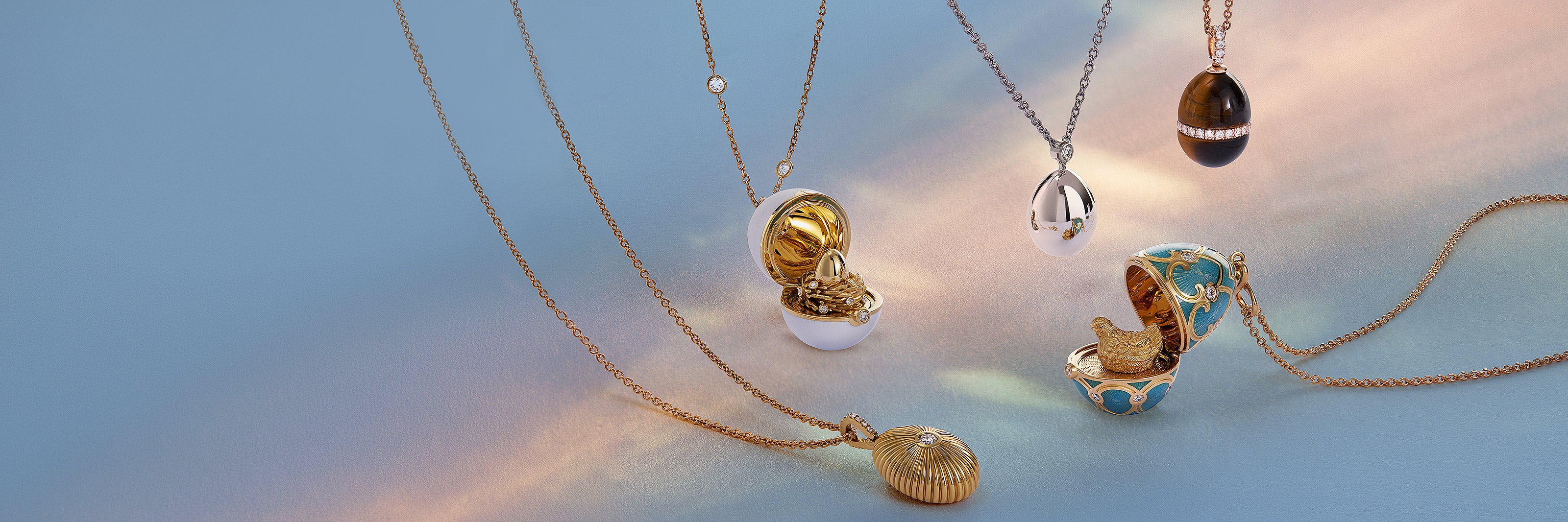egg pendants Desktop Banner Image with a range of Fabergé collections
