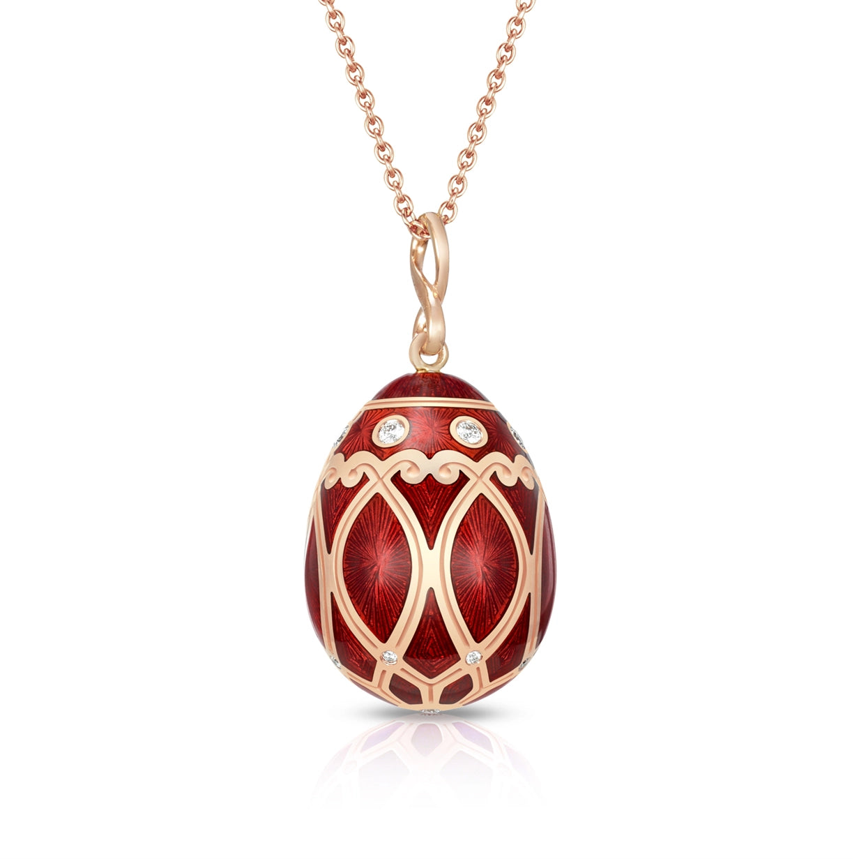 Rose Gold Diamond Red Guilloché Enamel Egg Pendant Fabergé