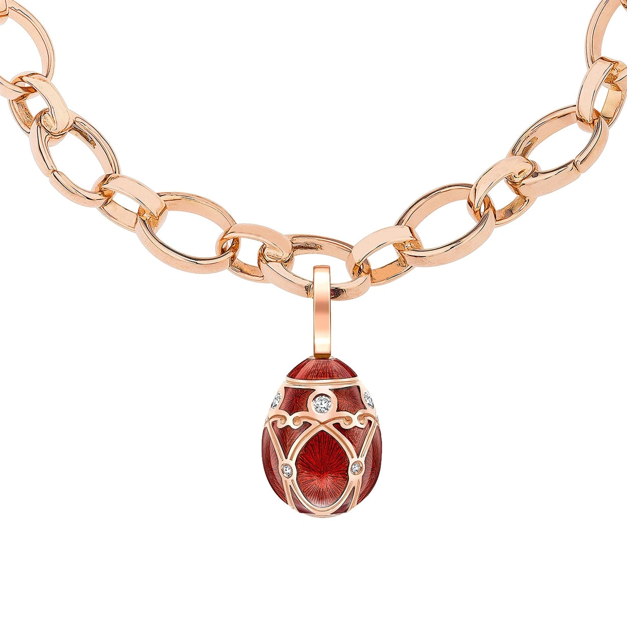 Rose Gold Diamond Red Guilloche Enamel Egg Charm Faberge FABERGE