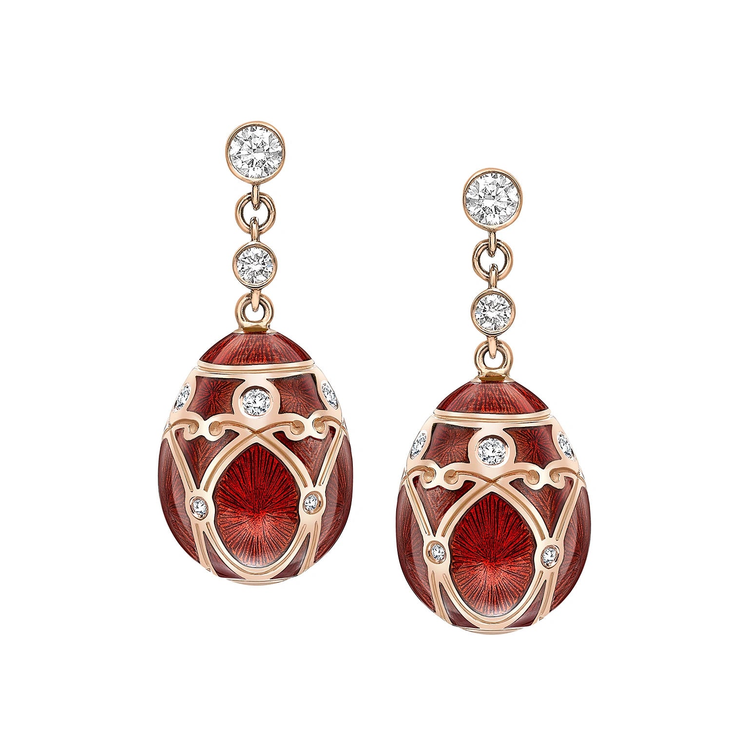 Heritage Palais Rose Gold Diamond Red Guilloche Enamel Egg Drop Earrings Faberge FABERGE