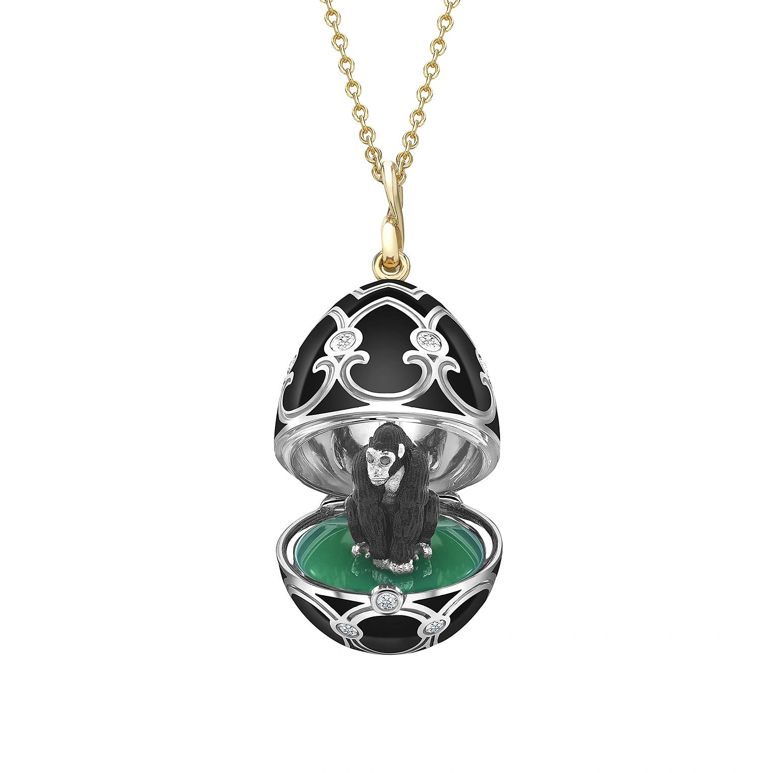 Heritage Yellow Gold Diamond & Black Guilloché Enamel Gorilla Surprise Locket