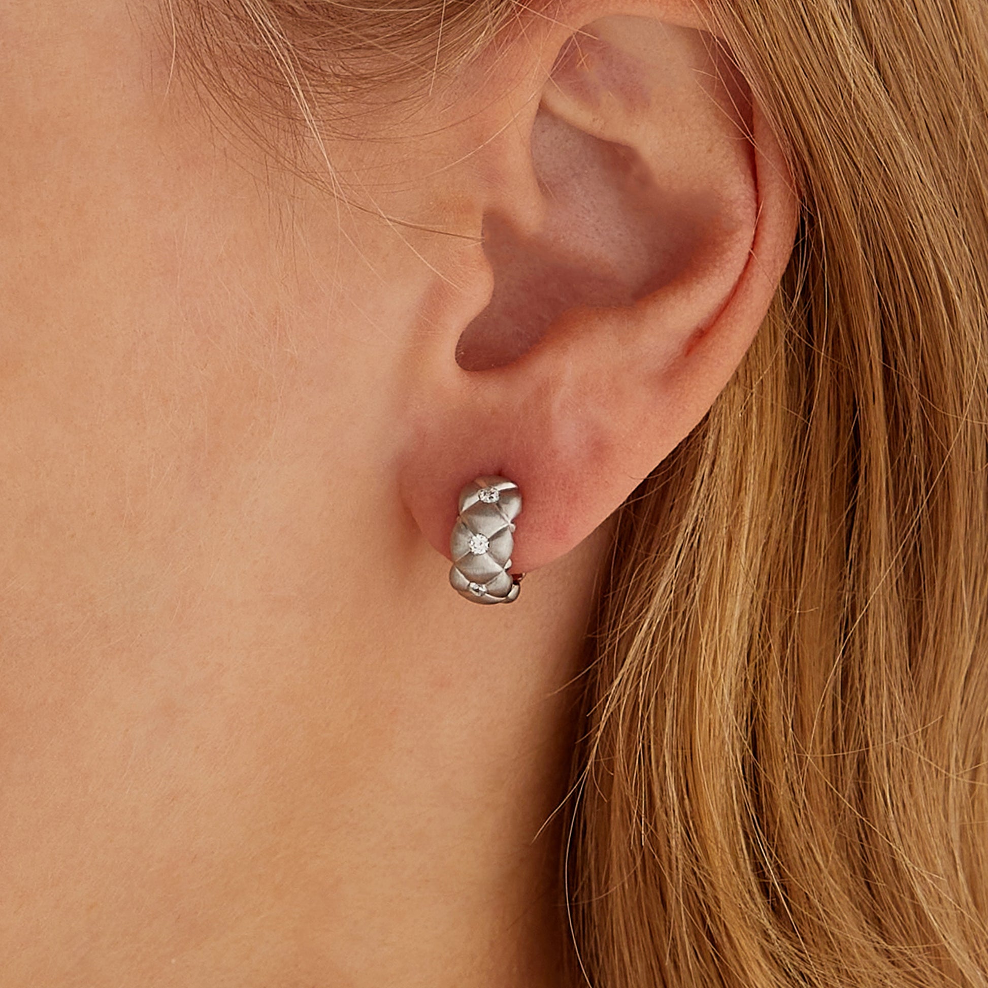 Brushed White Gold Diamond Huggie Hoop Earrings | Fabergé
