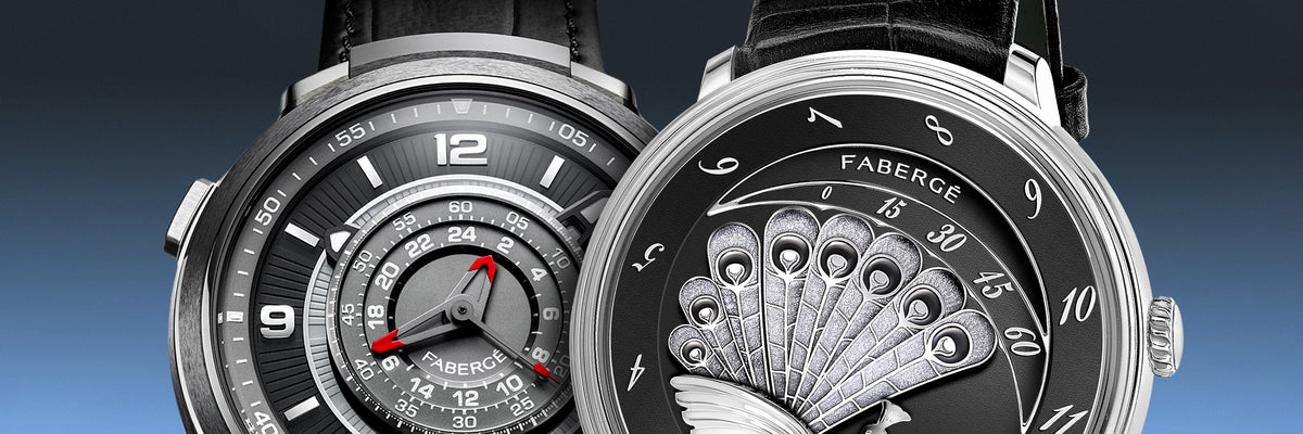 Fabergé watch collection featuring luxury mechanical timepieces with contemporary and artistic dial designs, showcasing exceptional watchmaking craftsmanship.